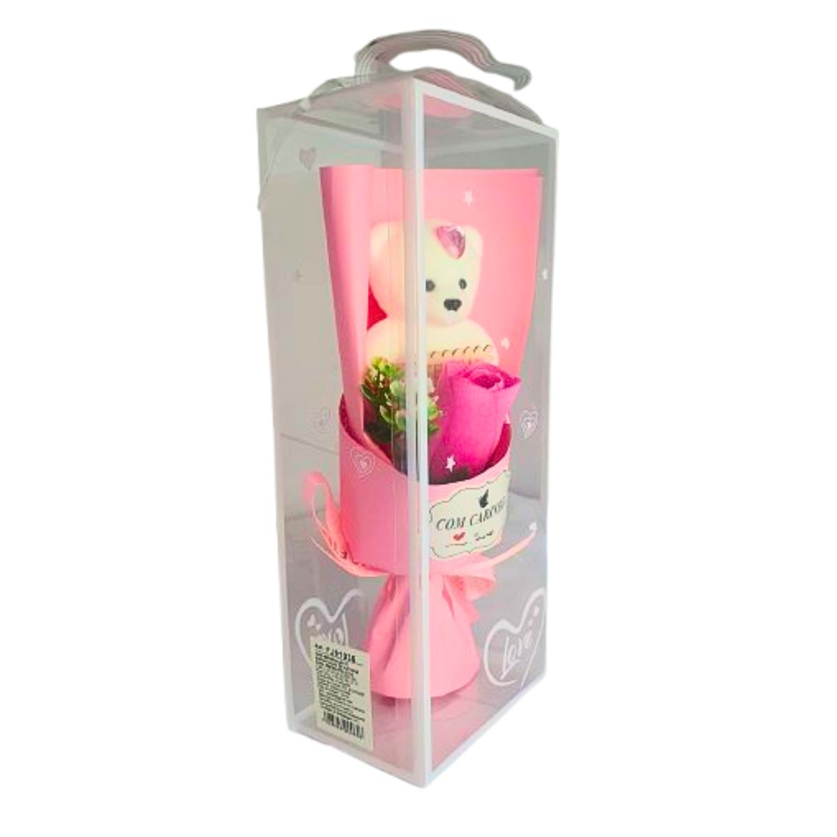 Mini Buquê De Rosa Artificial Com Ursinho Na Caixa - Rosa Mini Buquê De Rosa Artificial Com Ursinho Na Caixa - Rosa